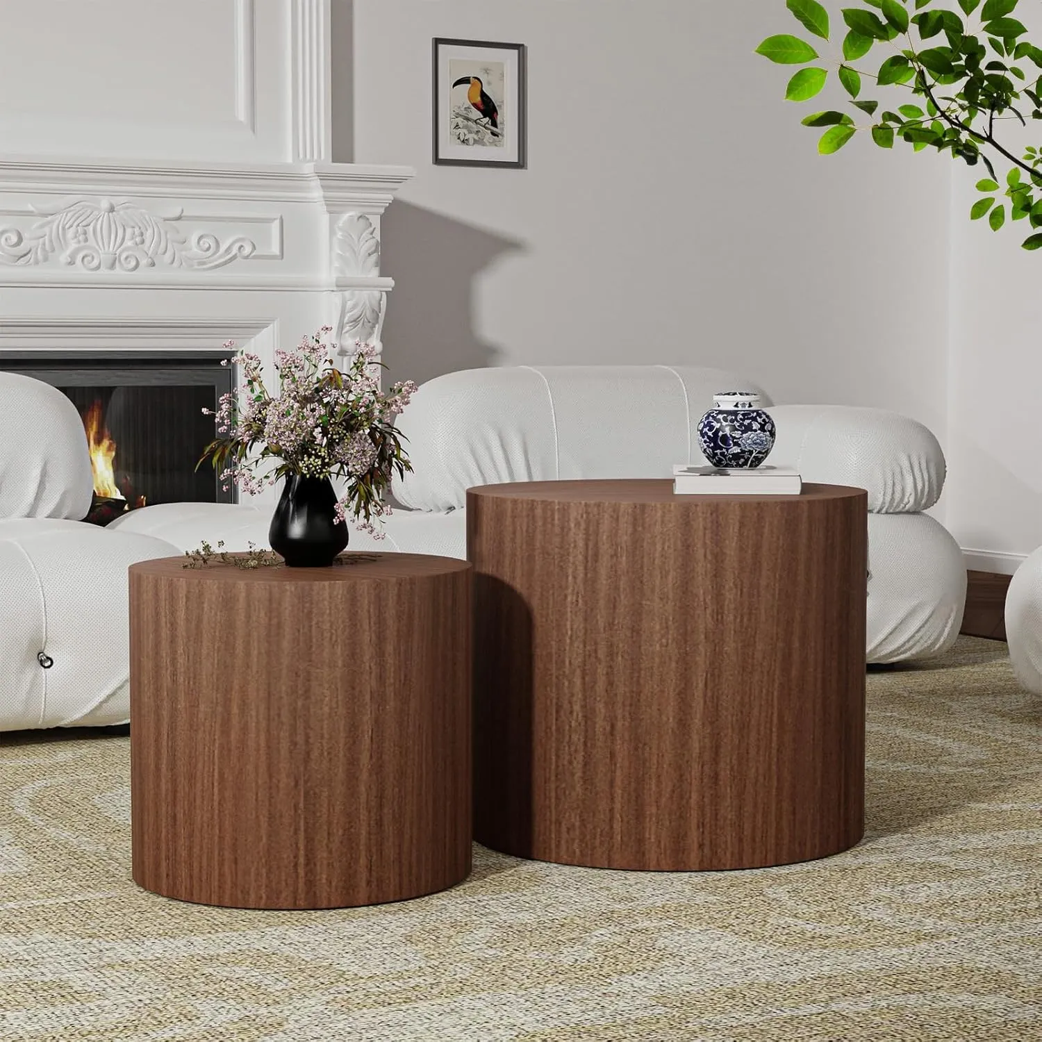 Nesting Coffee Tables Set of 2 Wooden Round Coffee Table Circle Nesting Table Space-Saving Design Modern Coffee Table Round Accent Tables Set for Living Room Bedroom Office (Brown A D18.1 D14.6“)