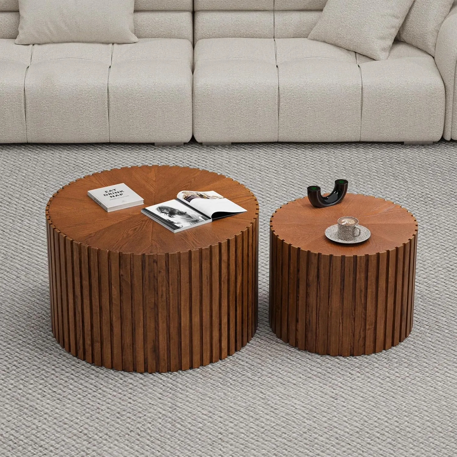 Nesting Coffee Tables Set of 2 Wooden Round Coffee Table Circle Nesting Table Space-Saving Design Modern Coffee Table Round Accent Tables Set for Living Room Bedroom Office (Brown B D18.9 D15)
