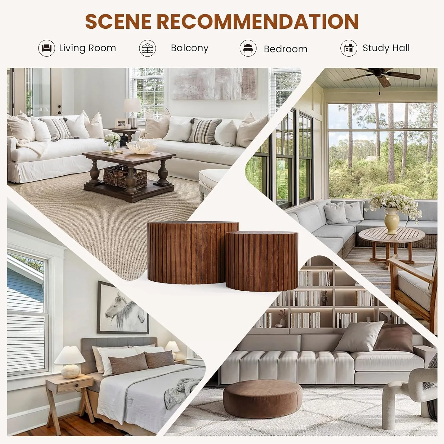 Nesting Coffee Tables Set of 2 Wooden Round Coffee Table Circle Nesting Table Space-Saving Design Modern Coffee Table Round Accent Tables Set for Living Room Bedroom Office (Brown B D18.9 D15)