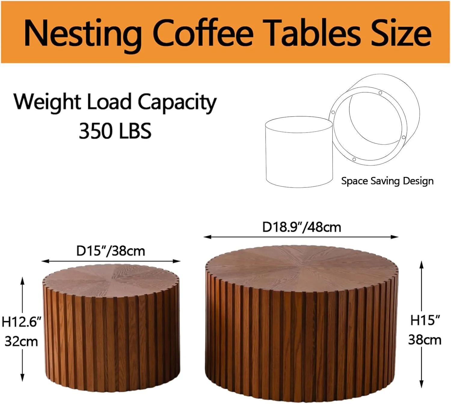 Nesting Coffee Tables Set of 2 Wooden Round Coffee Table Circle Nesting Table Space-Saving Design Modern Coffee Table Round Accent Tables Set for Living Room Bedroom Office (Brown B D18.9 D15)