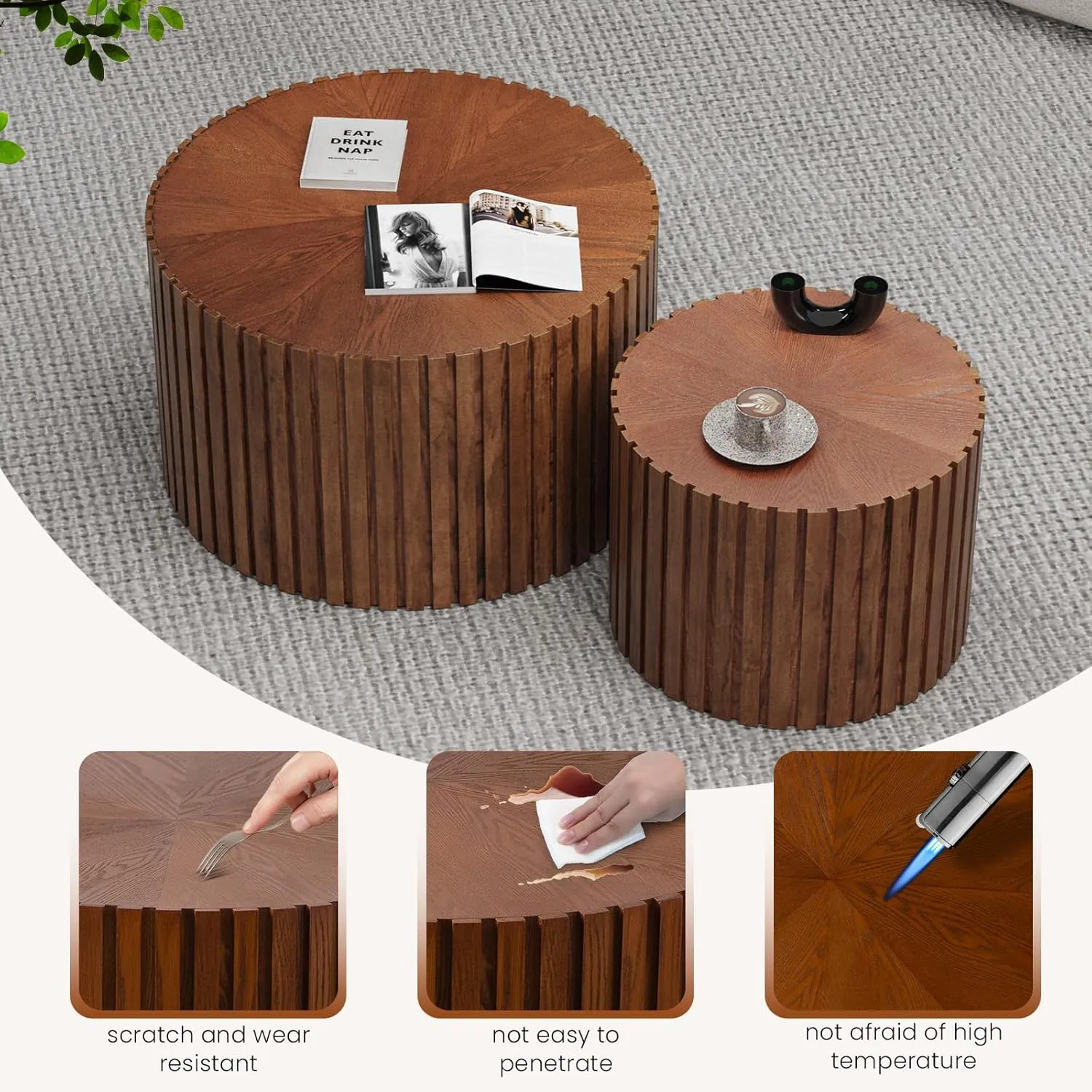 Nesting Coffee Tables Set of 2 Wooden Round Coffee Table Circle Nesting Table Space-Saving Design Modern Coffee Table Round Accent Tables Set for Living Room Bedroom Office (Brown B D18.9 D15)