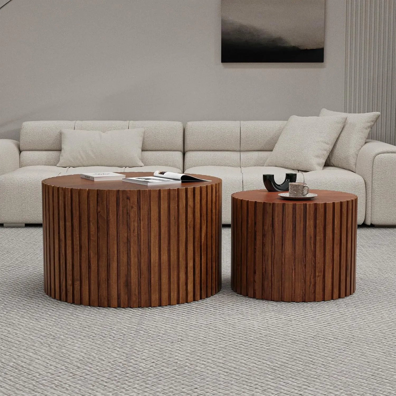 Nesting Coffee Tables Set of 2 Wooden Round Coffee Table Circle Nesting Table Space-Saving Design Modern Coffee Table Round Accent Tables Set for Living Room Bedroom Office (Brown B D18.9 D15)
