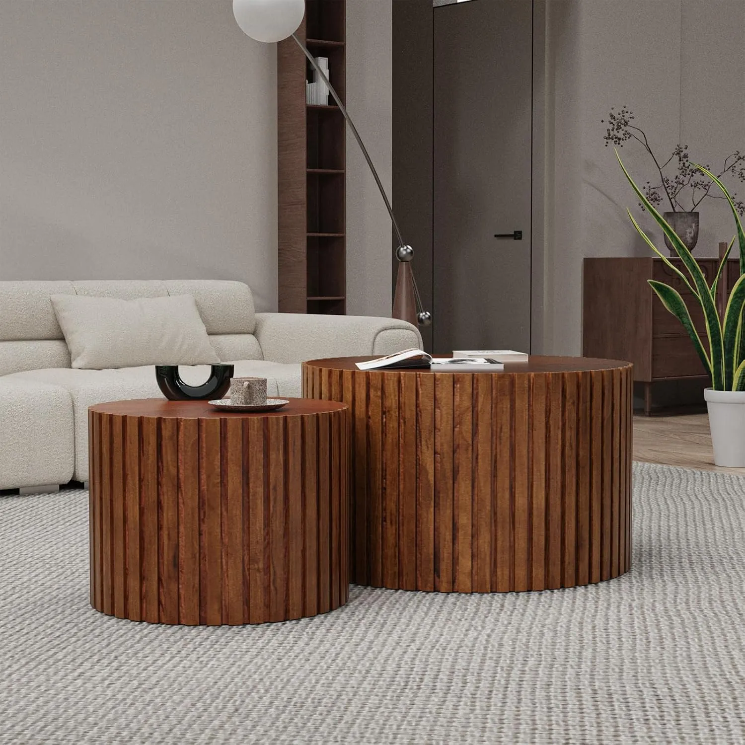 Nesting Coffee Tables Set of 2 Wooden Round Coffee Table Circle Nesting Table Space-Saving Design Modern Coffee Table Round Accent Tables Set for Living Room Bedroom Office (Brown B D18.9 D15)
