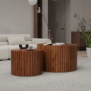 Nesting Coffee Tables Set of 2 Wooden Round Coffee Table Circle Nesting Table Space-Saving Design Modern Coffee Table Round Accent Tables Set for Living Room Bedroom Office (Brown B D18.9 D15)