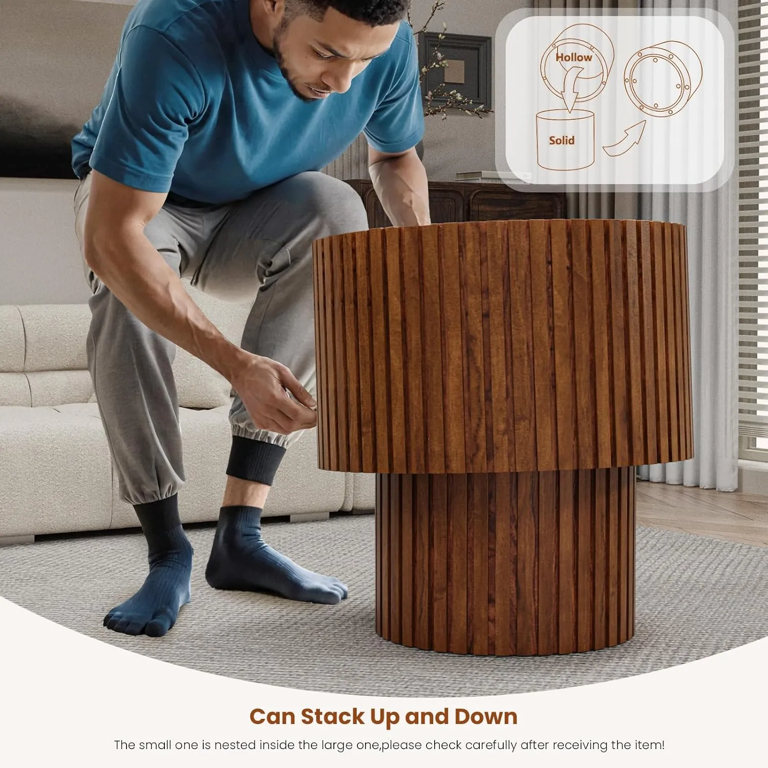 Nesting Coffee Tables Set of 2 Wooden Round Coffee Table Circle Nesting Table Space-Saving Design Modern Coffee Table Round Accent Tables Set for Living Room Bedroom Office (Brown B D18.9 D15)