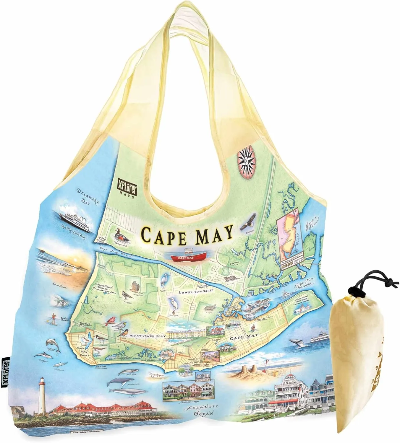 New Jersey's Cape May Map Pouch Tote with Handles - Grocery Shopping Bag - Reusable & Eco-friendly - Foldable Nylon - Heavy Duty Fits in Pocket - 18x25