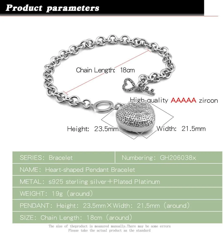 New Products Women's 925 Sterling Silver Bracelet Fine Jewelry Shining Heart Bracelet 6-7-8 inch Solid Silver Accessories Birthday Party Gift