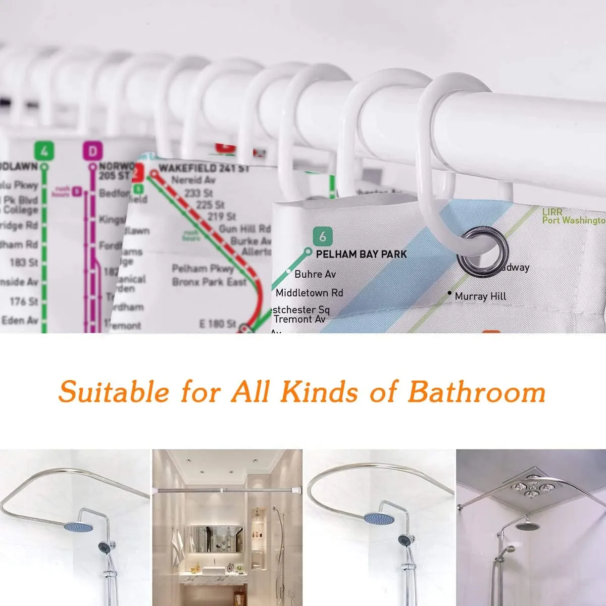 New York Subway Map Shower Curtain White Subway Map Shower Curtains for Bathroom Waterproof Polyester Fabric Shower Curtain Sets with Hooks 72x72 Inch