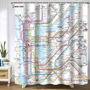 New York Subway Map Shower Curtain White Subway Map Shower Curtains for Bathroom Waterproof Polyester Fabric Shower Curtain Sets with Hooks 72x72 Inch