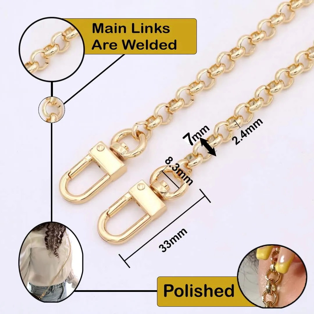 NEXT FASHION NextFashion O Chain Strap Gold Purse Chain (7mm) Wide Polished Crossbody Shoulder Strap - 48" / 120centimeters