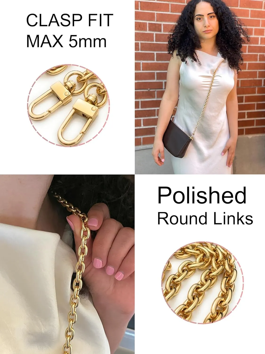 NEXT FASHION Purse Chain Gold Replacement Strap Round (10mm) Shoulder Bag Chain Metal Crossbody Strap - 16" inches