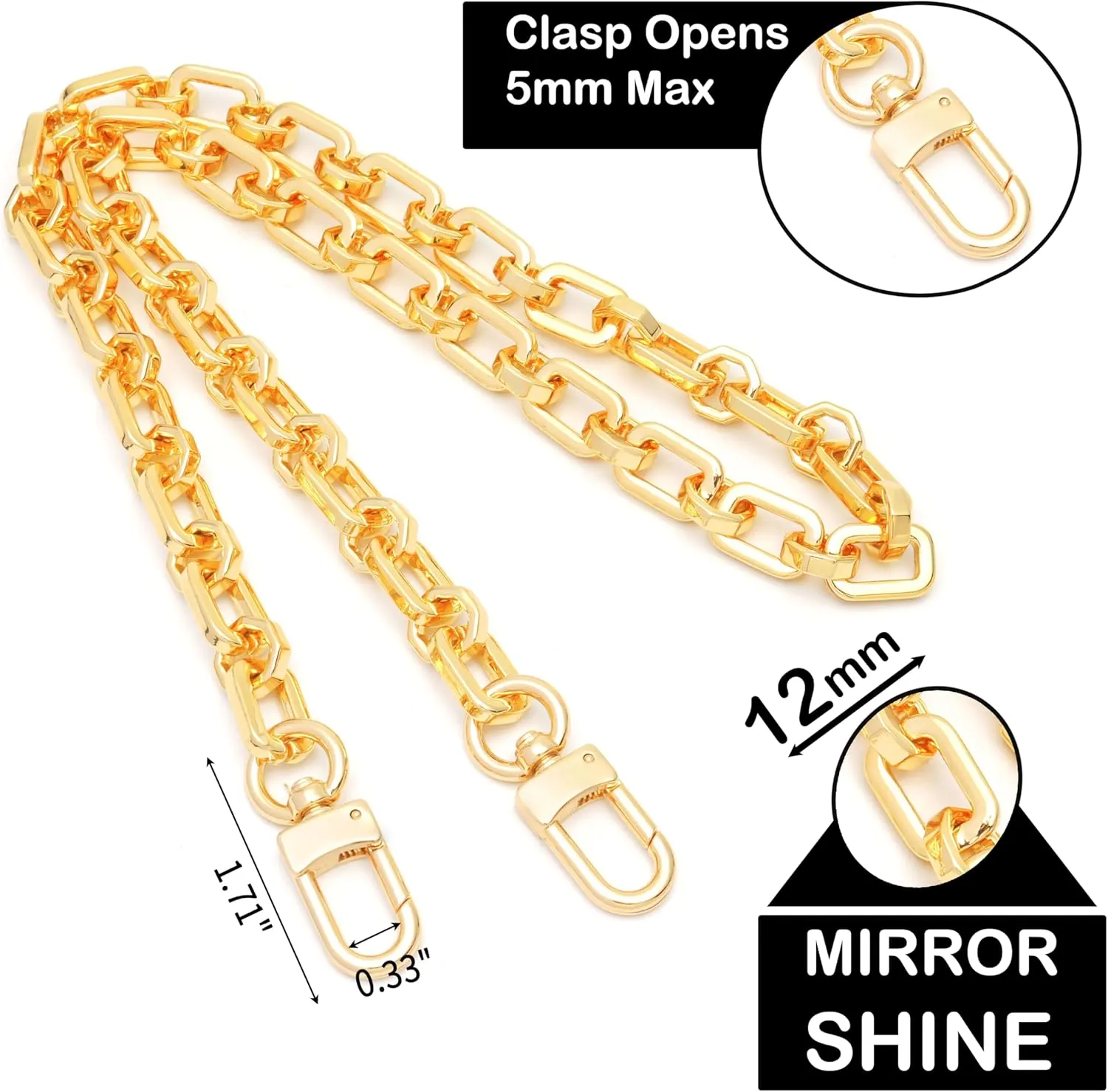 NEXT FASHION Purse Chain Gold Shoulder Strap Metal Crossbody Strap Replacement [12mm] Octagon Rectangle - Gold (40" / 100cm)