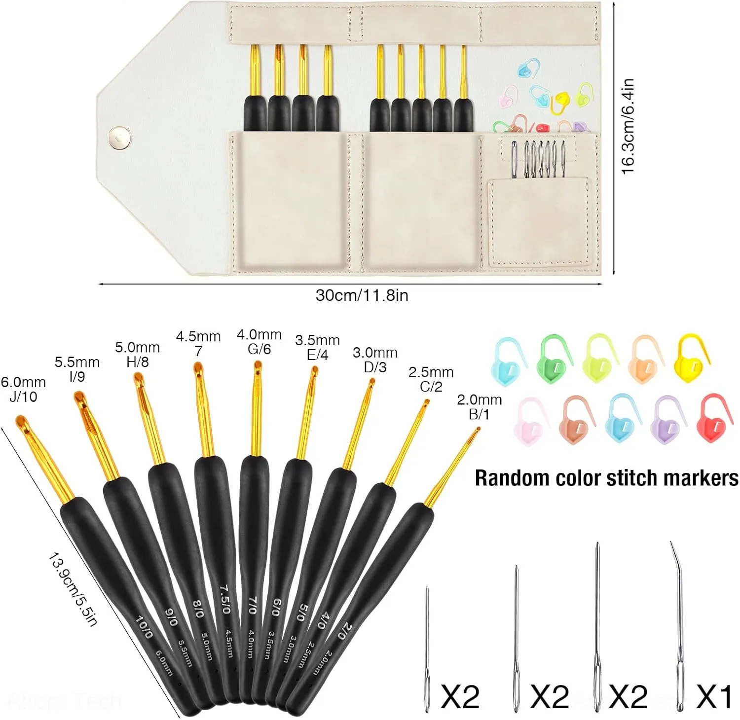 NiArt Crochet Hooks 9 Sizes 2.0-6.0mm Crochet Needles with Silicone Grip Magnetic PU Leather Bag Kit, Yarn Needles Knitting Crochet Supplies for Beginners Beige Case DIY Art (Black/Gold Crochet Hooks)