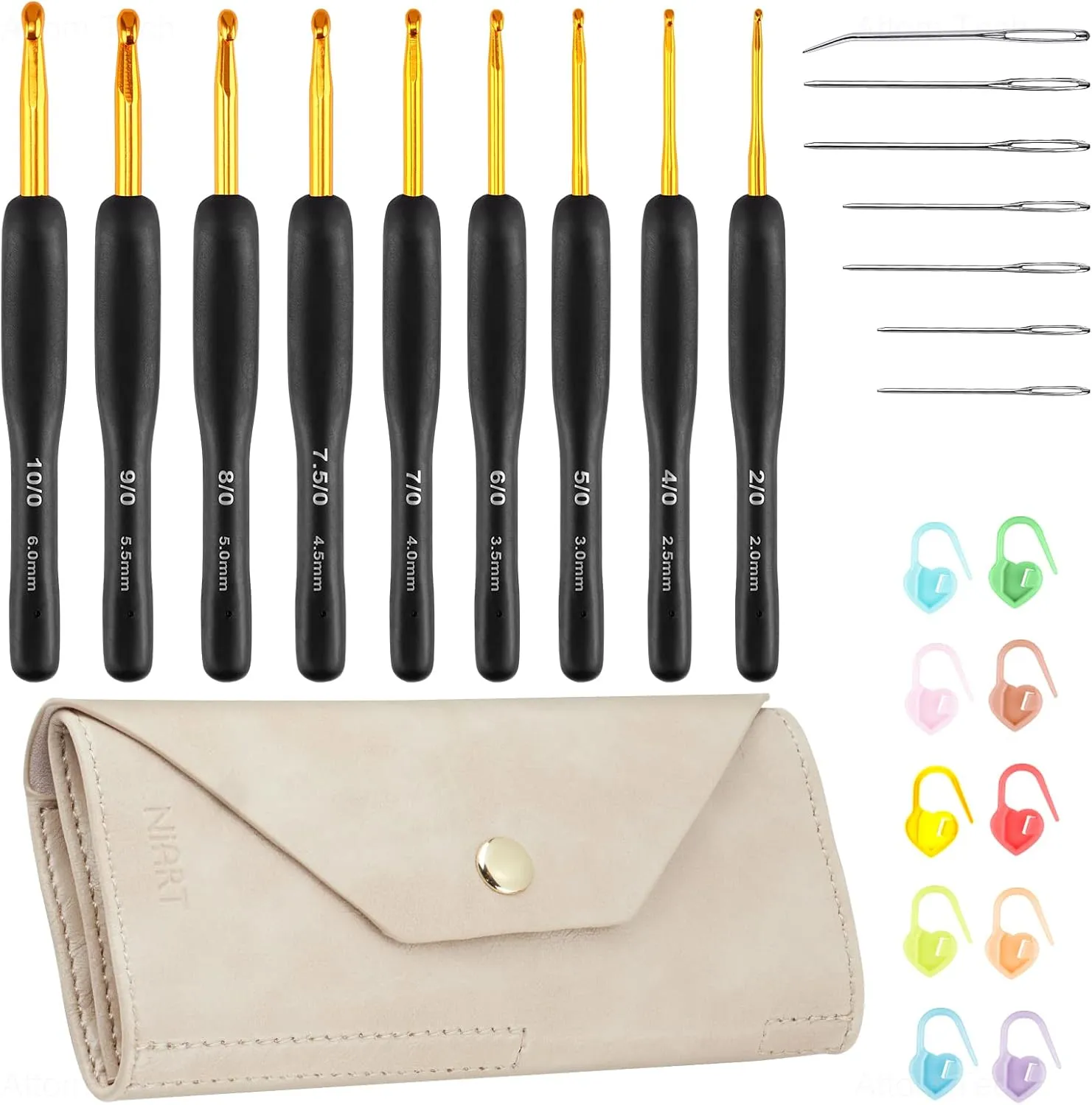 NiArt Crochet Hooks 9 Sizes 2.0-6.0mm Crochet Needles with Silicone Grip Magnetic PU Leather Bag Kit, Yarn Needles Knitting Crochet Supplies for Beginners Beige Case DIY Art (Black/Gold Crochet Hooks)