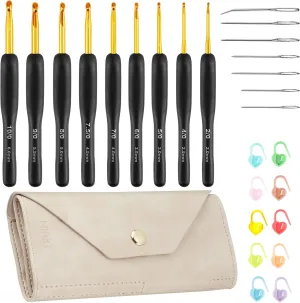 NiArt Crochet Hooks 9 Sizes 2.0-6.0mm Crochet Needles with Silicone Grip Magnetic PU Leather Bag Kit, Yarn Needles Knitting Crochet Supplies for Beginners Beige Case DIY Art (Black/Gold Crochet Hooks)