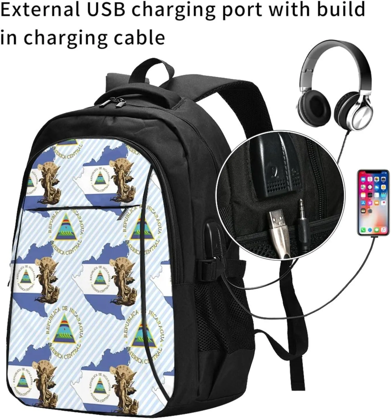 Nicaragua Flag Map St Michael the Archangel Angel Business Laptop Backpack Travel Backpacks Outdoor Rucksack Large Bag Daypack with USB Charging Port Multi-Pocket for Hiking Camping