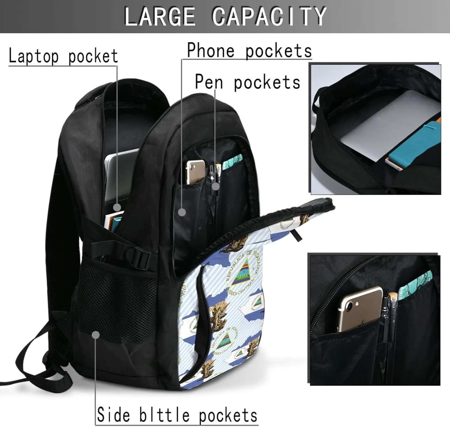 Nicaragua Flag Map St Michael the Archangel Angel Business Laptop Backpack Travel Backpacks Outdoor Rucksack Large Bag Daypack with USB Charging Port Multi-Pocket for Hiking Camping
