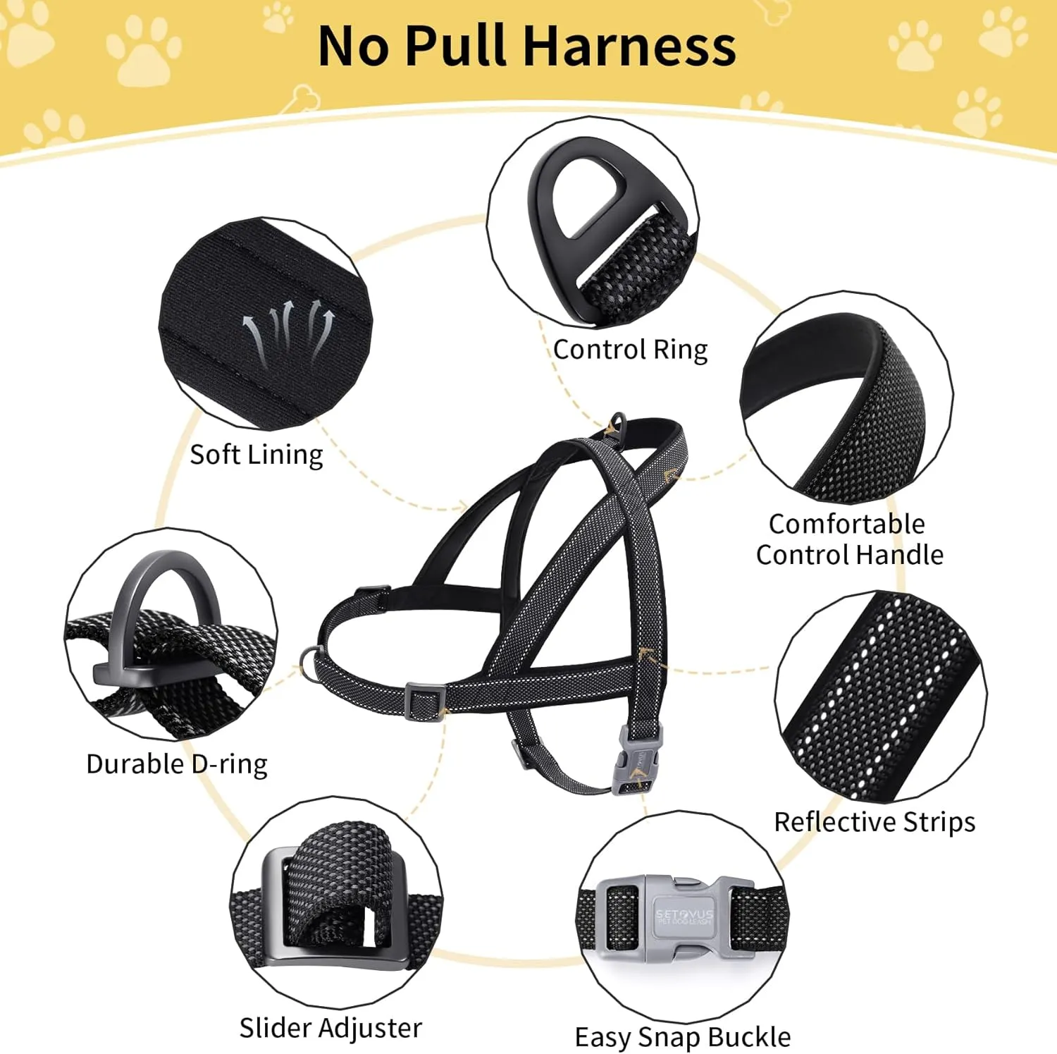 No Pull Dog Harness, Reflective Puppy Harness with Soft Padded Handle, Escape Proof/Quick Fit Adjustable Pet Harness for Small Medium Large Dogs, Easy for Training Walking (Black, L)