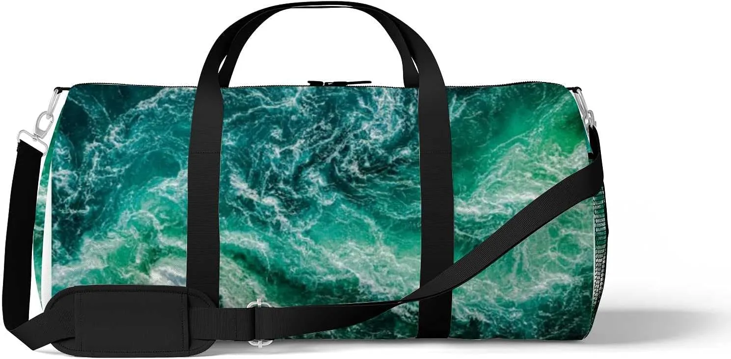 Norway Sea Waves Water Whripools Sports Duffel Bag Travel Gym Tote Bags Lightweight Durable Shoulder Strap Waterproof Polyester Outside Mesh Pocket Overnight Trip Duffel Bag for Women Men