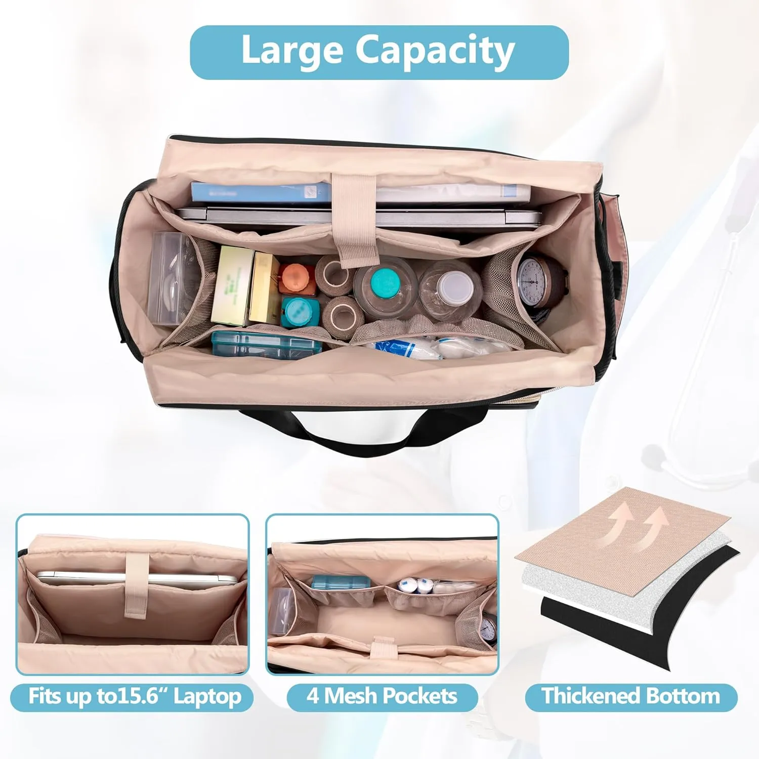 Nurse Tote Bag Clinical Bag Empty, Large Nurse Bag for Work fits 15.6" Laptop for Medical Assistants, Home Healthcare, Travel, Black