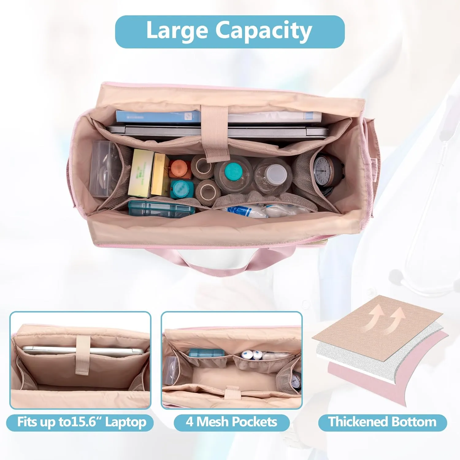 Nurse Tote Bag Clinical Bag Empty, Large Nurse Bag for Work fits 15.6" Laptop for Medical Assistants, Home Healthcare, Travel, Pink