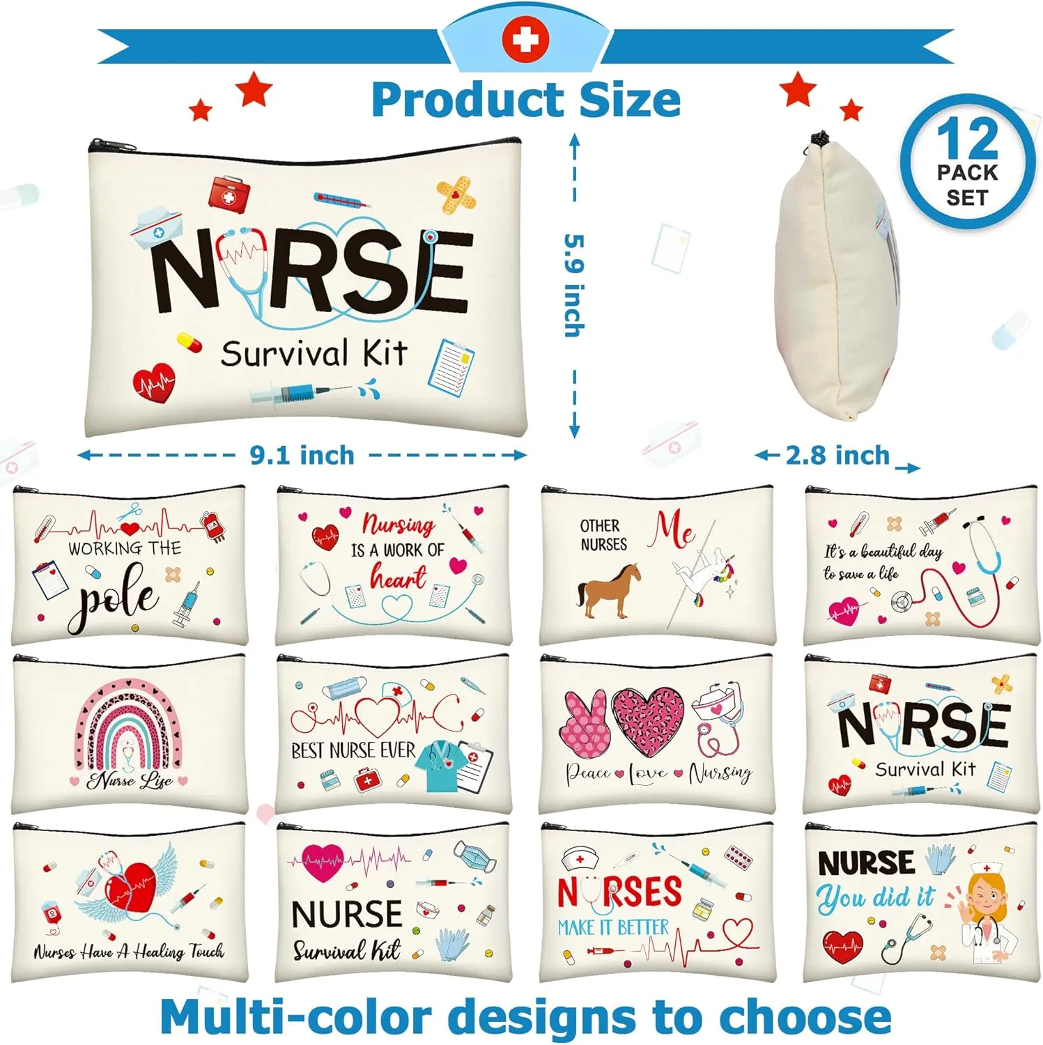 Nurses Week Accessories, 12 PCS Nurse Makeup Bag, Canvas Zipper Pouch, Nurse Zipper Travel Makeup Bag Nurse Appreciation Accessories for Women Girls Nurses Nurse Party Supplies