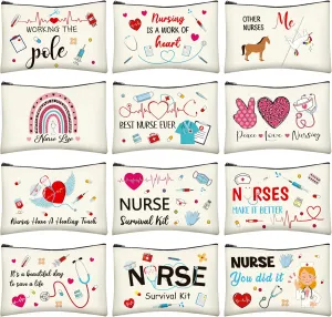 Nurses Week Accessories, 12 PCS Nurse Makeup Bag, Canvas Zipper Pouch, Nurse Zipper Travel Makeup Bag Nurse Appreciation Accessories for Women Girls Nurses Nurse Party Supplies