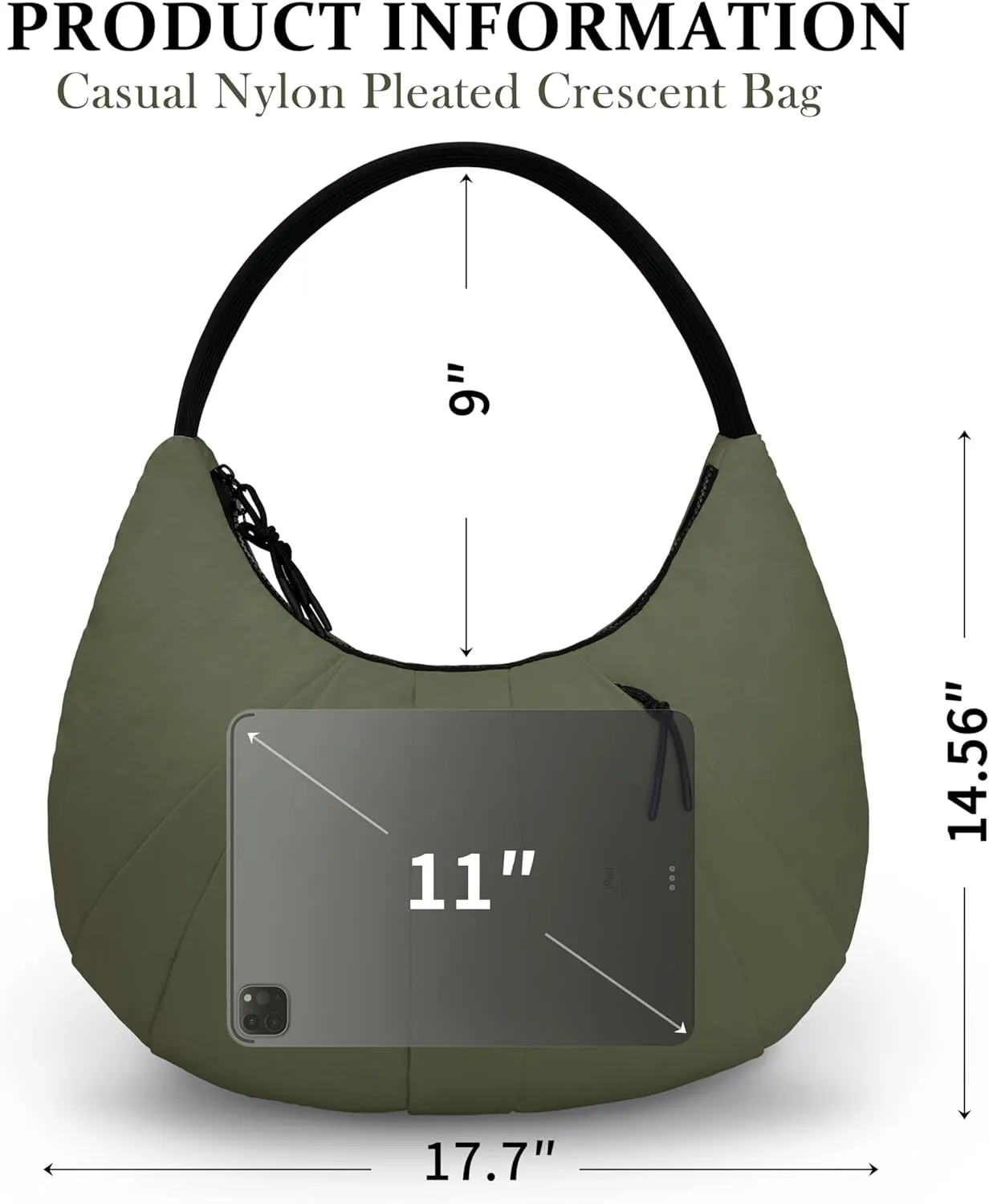 Nylon Crescent Bag Pleated Shoulder Bag, Double Zipper Inside Pocket Large Capacity Casual Waterproof Sling Bag for Women
