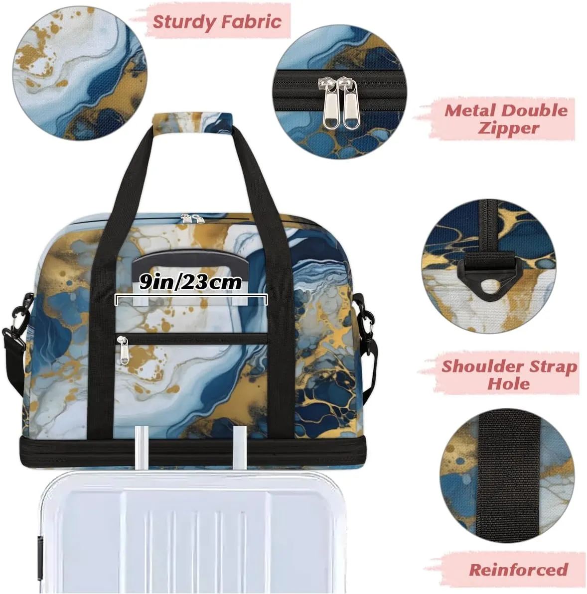 Ocean Blue Marble Foldable Duffle Bag with Shoes Compartment Large Capacity Waterproof Travel Weekender Bag Overnight Bag for Sports Gym