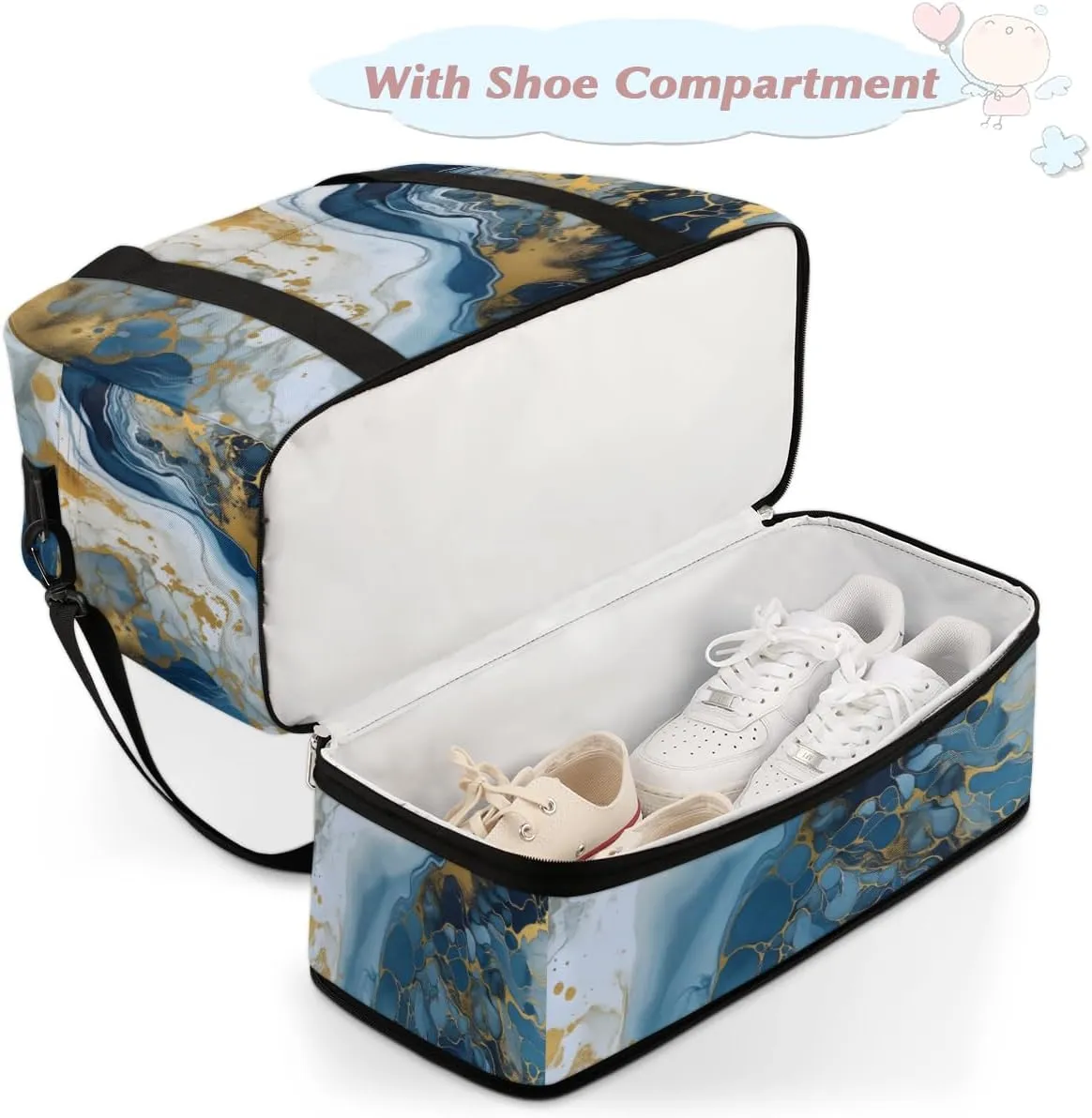 Ocean Blue Marble Foldable Duffle Bag with Shoes Compartment Large Capacity Waterproof Travel Weekender Bag Overnight Bag for Sports Gym