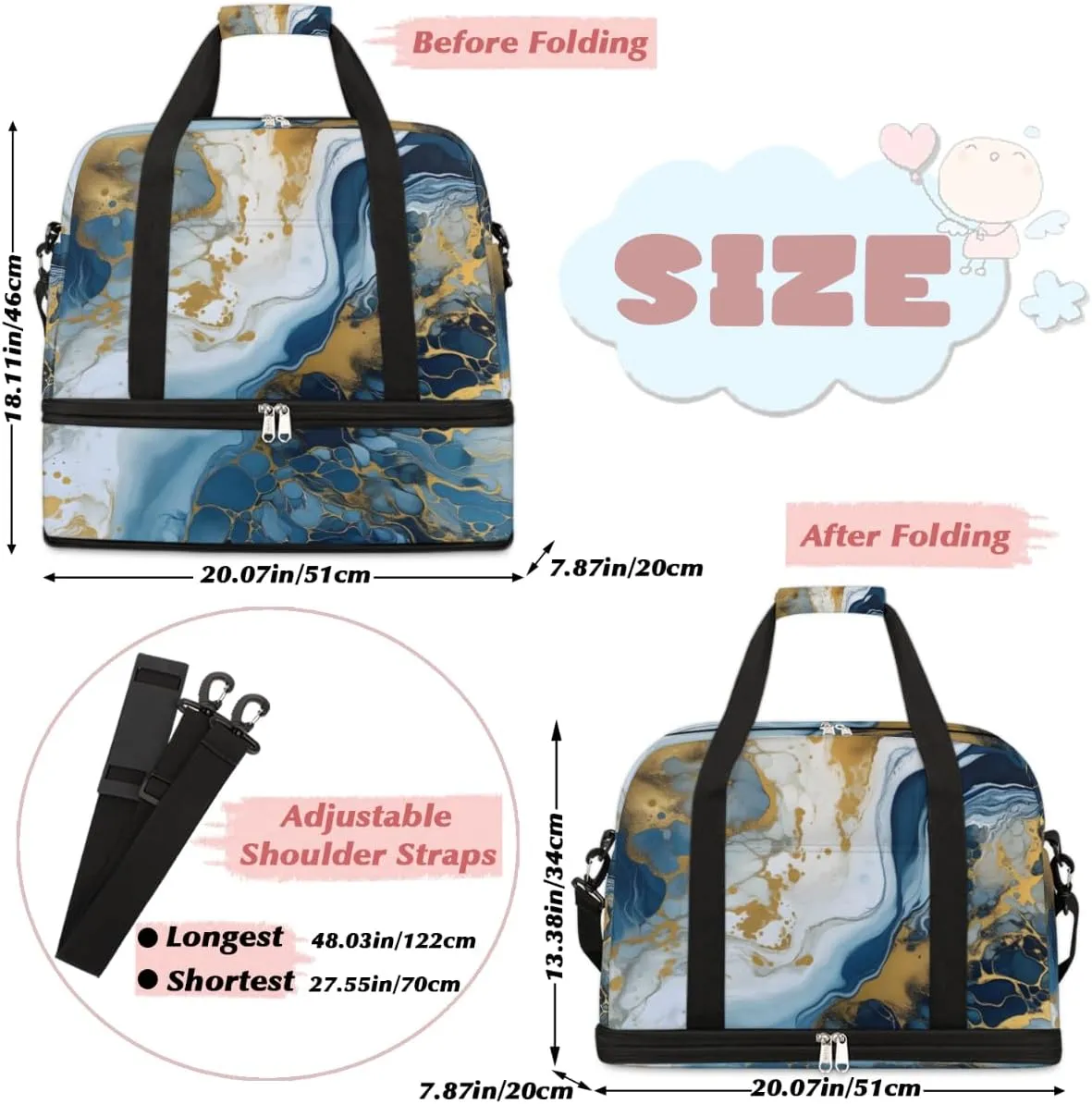 Ocean Blue Marble Foldable Duffle Bag with Shoes Compartment Large Capacity Waterproof Travel Weekender Bag Overnight Bag for Sports Gym