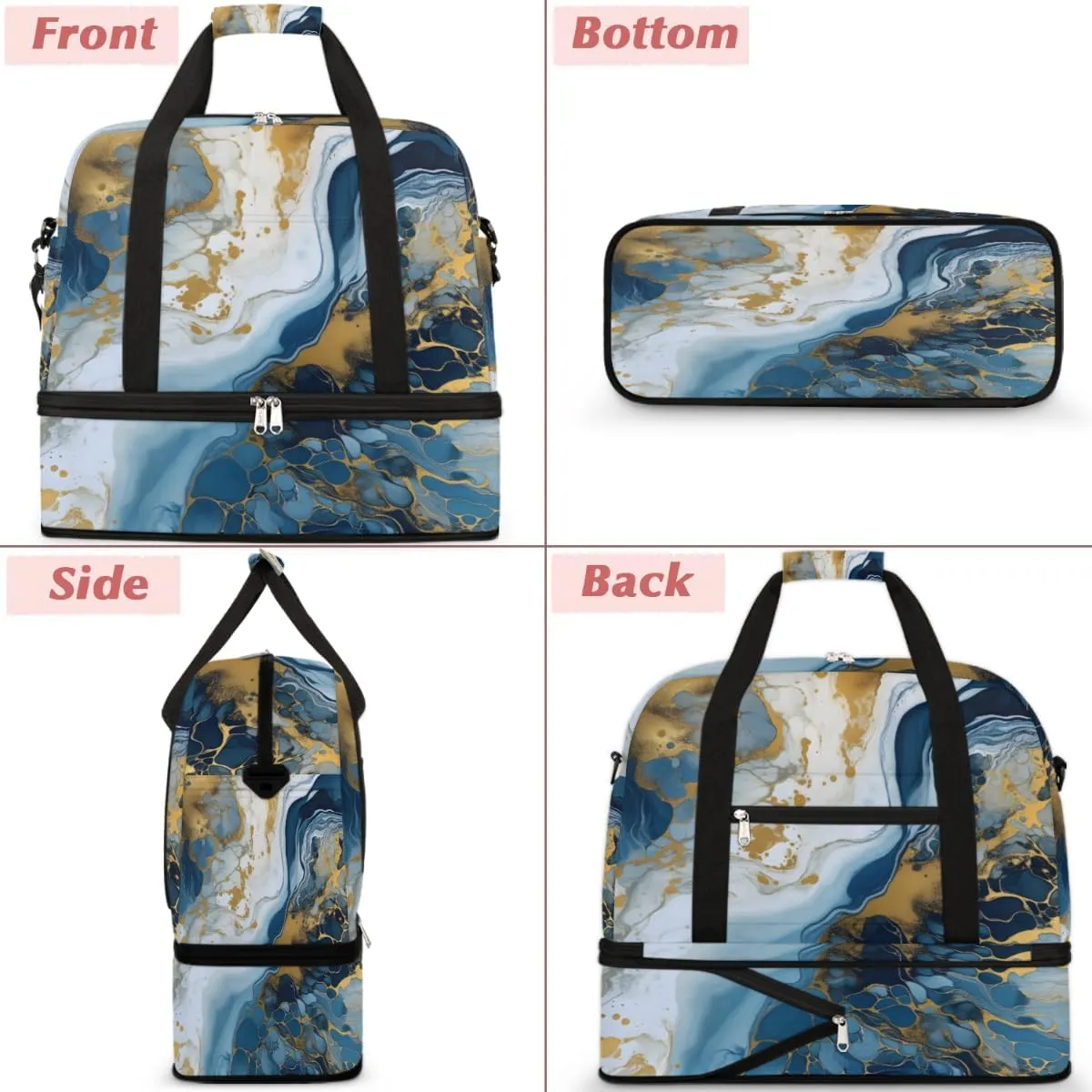 Ocean Blue Marble Foldable Duffle Bag with Shoes Compartment Large Capacity Waterproof Travel Weekender Bag Overnight Bag for Sports Gym