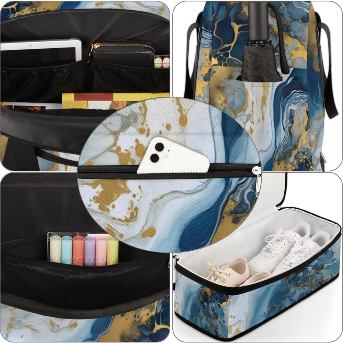 Ocean Blue Marble Foldable Duffle Bag with Shoes Compartment Large Capacity Waterproof Travel Weekender Bag Overnight Bag for Sports Gym
