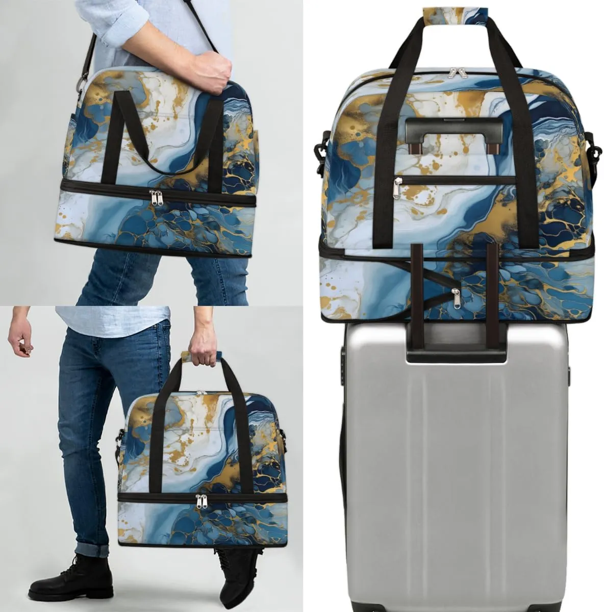 Ocean Blue Marble Foldable Duffle Bag with Shoes Compartment Large Capacity Waterproof Travel Weekender Bag Overnight Bag for Sports Gym