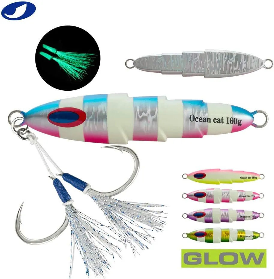 OCEAN CAT 1 PC Slow Pitch Jig Saltwater Fishing Lures Flat Fall Jigs, Jigging Baits with Hook for Saltwater Fishing 5 Colors 80G/120G/160G/200G/250G/300G
