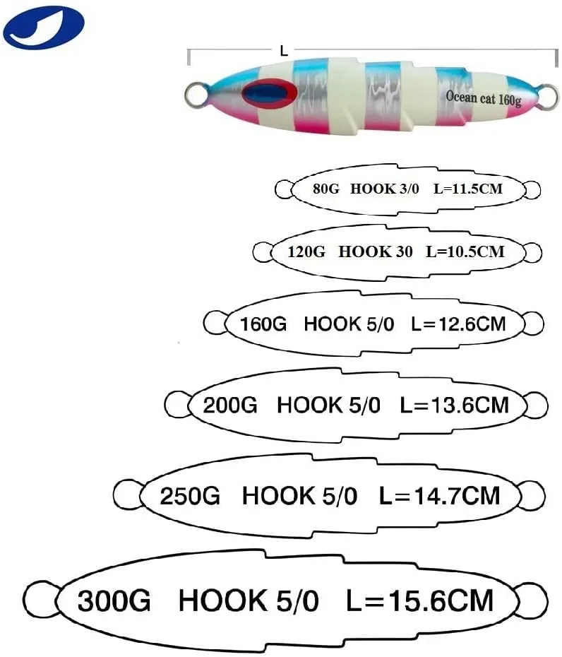 OCEAN CAT 1 PC Slow Pitch Jig Saltwater Fishing Lures Flat Fall Jigs, Jigging Baits with Hook for Saltwater Fishing 5 Colors 80G/120G/160G/200G/250G/300G