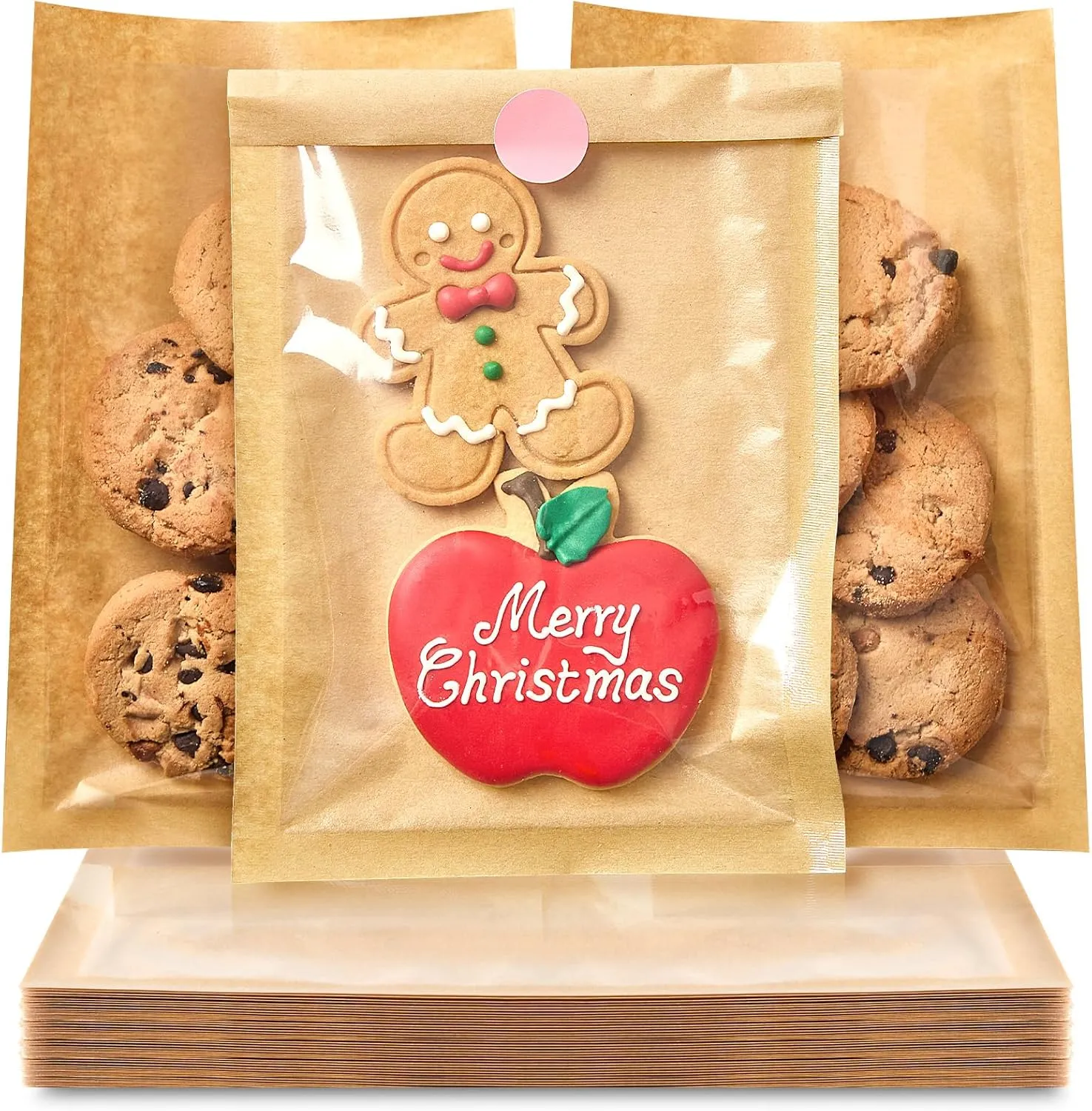 ​​​Ocmoiy 200 Pcs Clear Front Paper Cookie Bags with Seal Heat-Sealable & Grease-Resistant, 5.1x7.5 Inches Brown Bakery Bags with Window, Small Treat Bags Cookies Packaging Favor Bags (200)