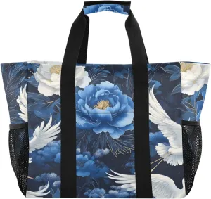 ODAWA Large White Cranes Blue Peonies Beach Bag for Pool and Sports, Lightweight Summer Handbag for Pool