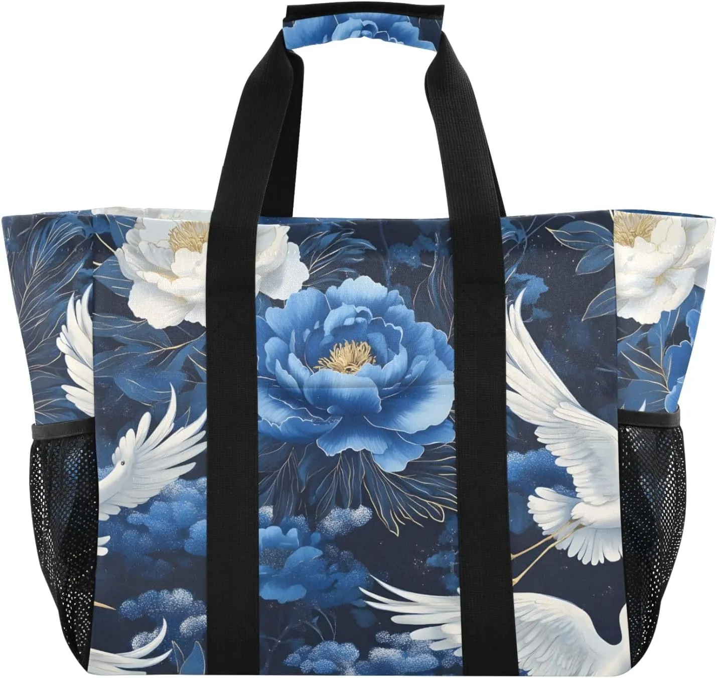 ODAWA Large White Cranes Blue Peonies Beach Bag for Pool and Sports, Lightweight Summer Handbag for Pool