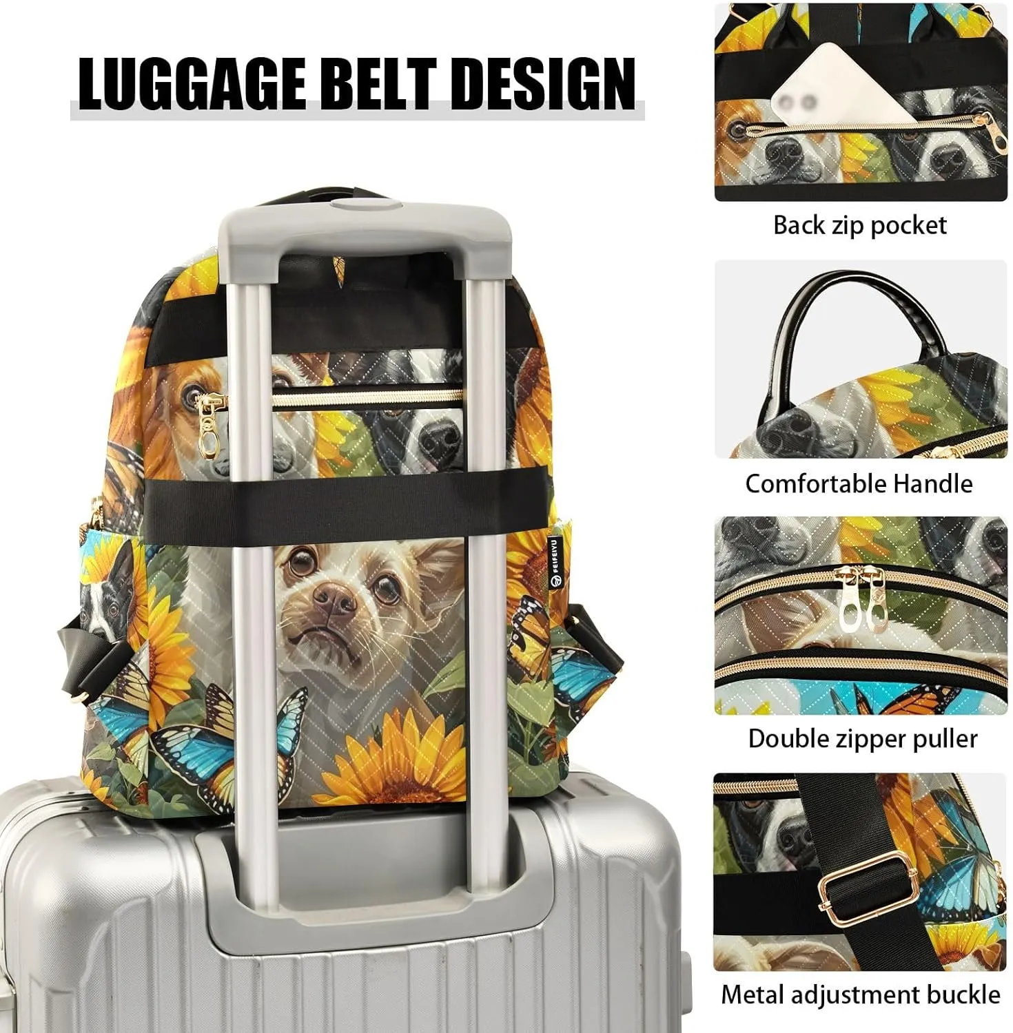 ODAWA Quilted Backpack Purse for Women Dogs in a Field of Sunflowers Womens Backpack Purse Small Travel Backpack with Luggage Strap