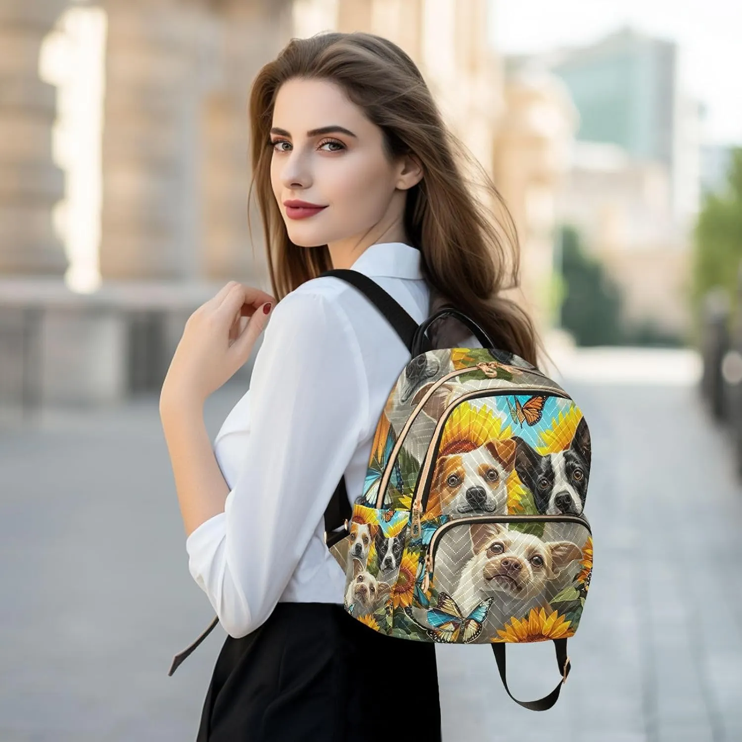 ODAWA Quilted Backpack Purse for Women Dogs in a Field of Sunflowers Womens Backpack Purse Small Travel Backpack with Luggage Strap