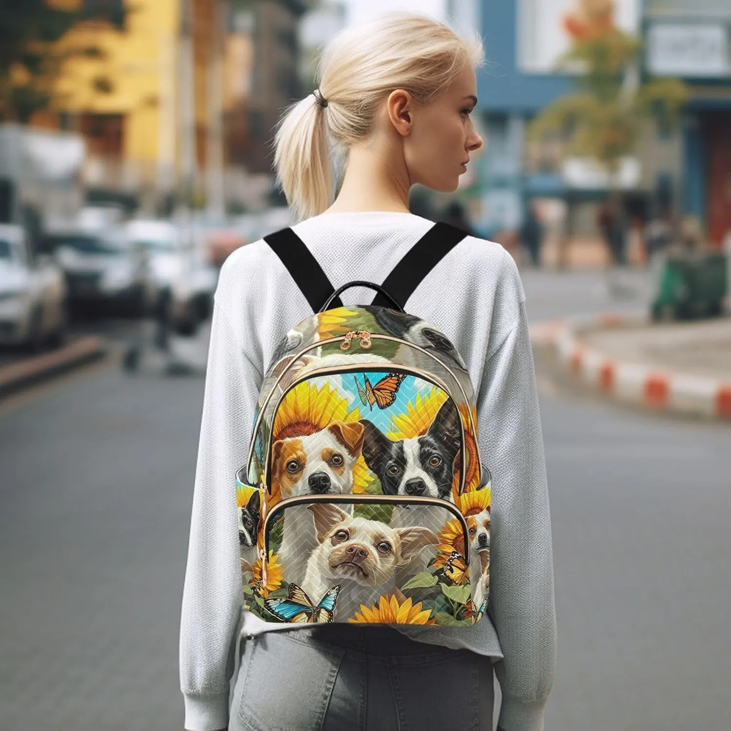 ODAWA Quilted Backpack Purse for Women Dogs in a Field of Sunflowers Womens Backpack Purse Small Travel Backpack with Luggage Strap