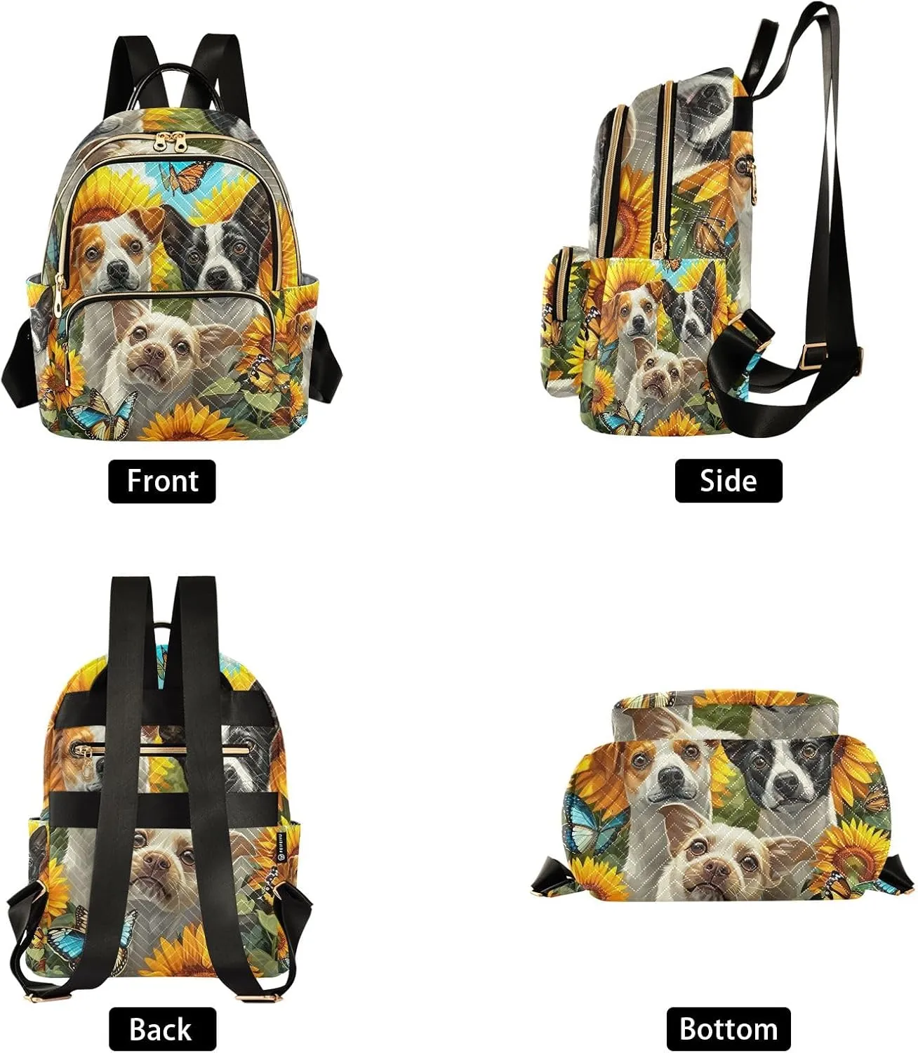 ODAWA Quilted Backpack Purse for Women Dogs in a Field of Sunflowers Womens Backpack Purse Small Travel Backpack with Luggage Strap