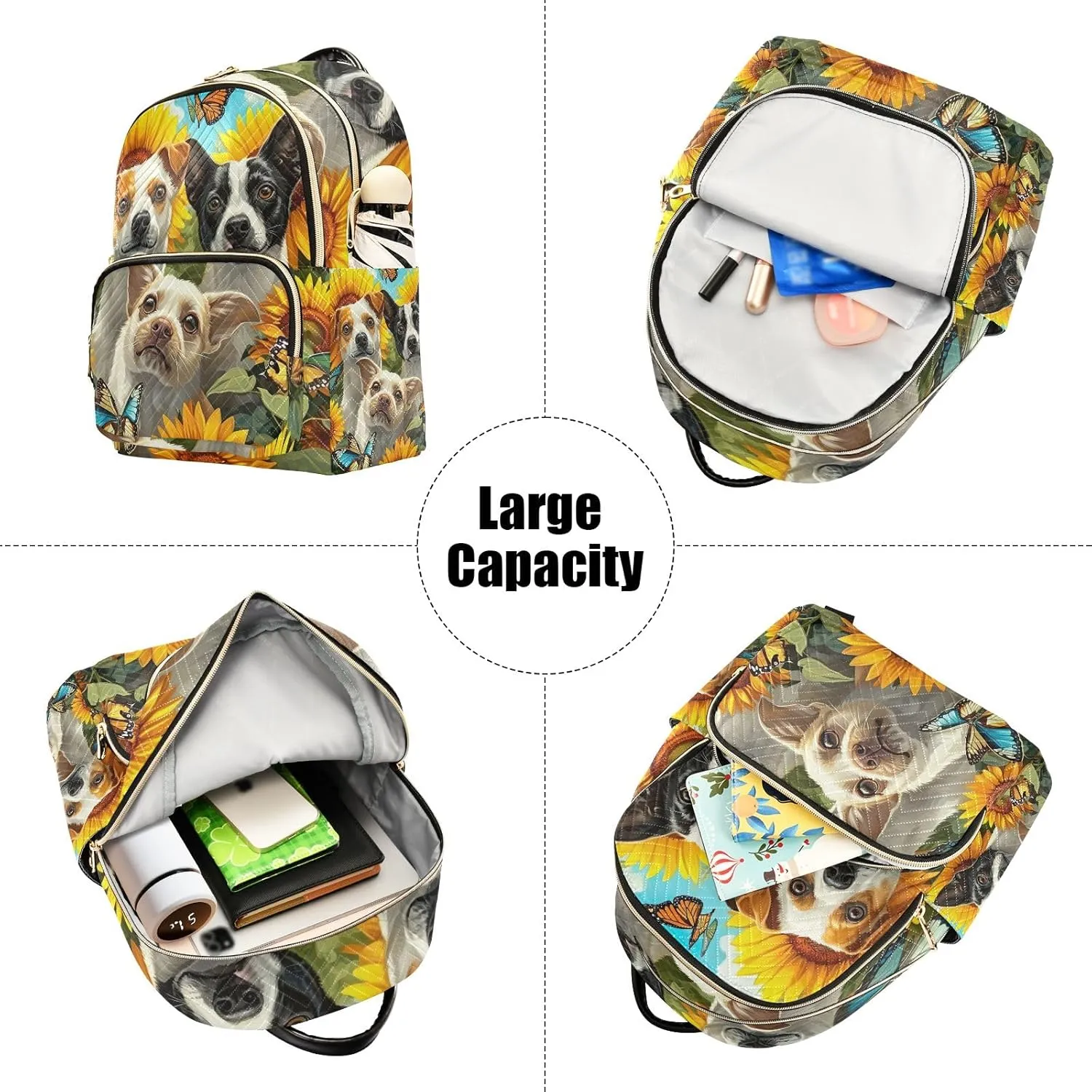 ODAWA Quilted Backpack Purse for Women Dogs in a Field of Sunflowers Womens Backpack Purse Small Travel Backpack with Luggage Strap