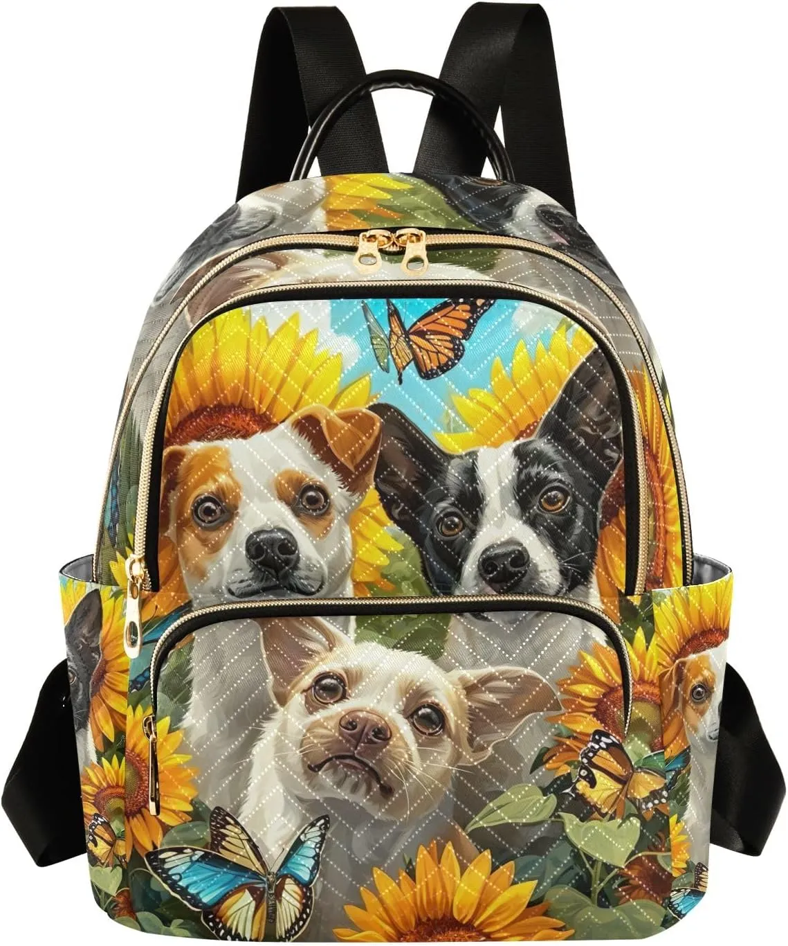 ODAWA Quilted Backpack Purse for Women Dogs in a Field of Sunflowers Womens Backpack Purse Small Travel Backpack with Luggage Strap