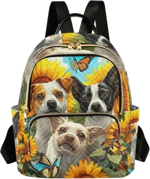 ODAWA Quilted Backpack Purse for Women Dogs in a Field of Sunflowers Womens Backpack Purse Small Travel Backpack with Luggage Strap