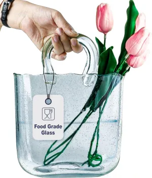 OLEEK Purse vases for Flowers (Handmade) Glass Bag vase -10 Inches- Blue vase for centerpieces & Fish Bowl - Handbag Unique Flower vase Decorative - Glass Handbag vase for Cute Room Decor