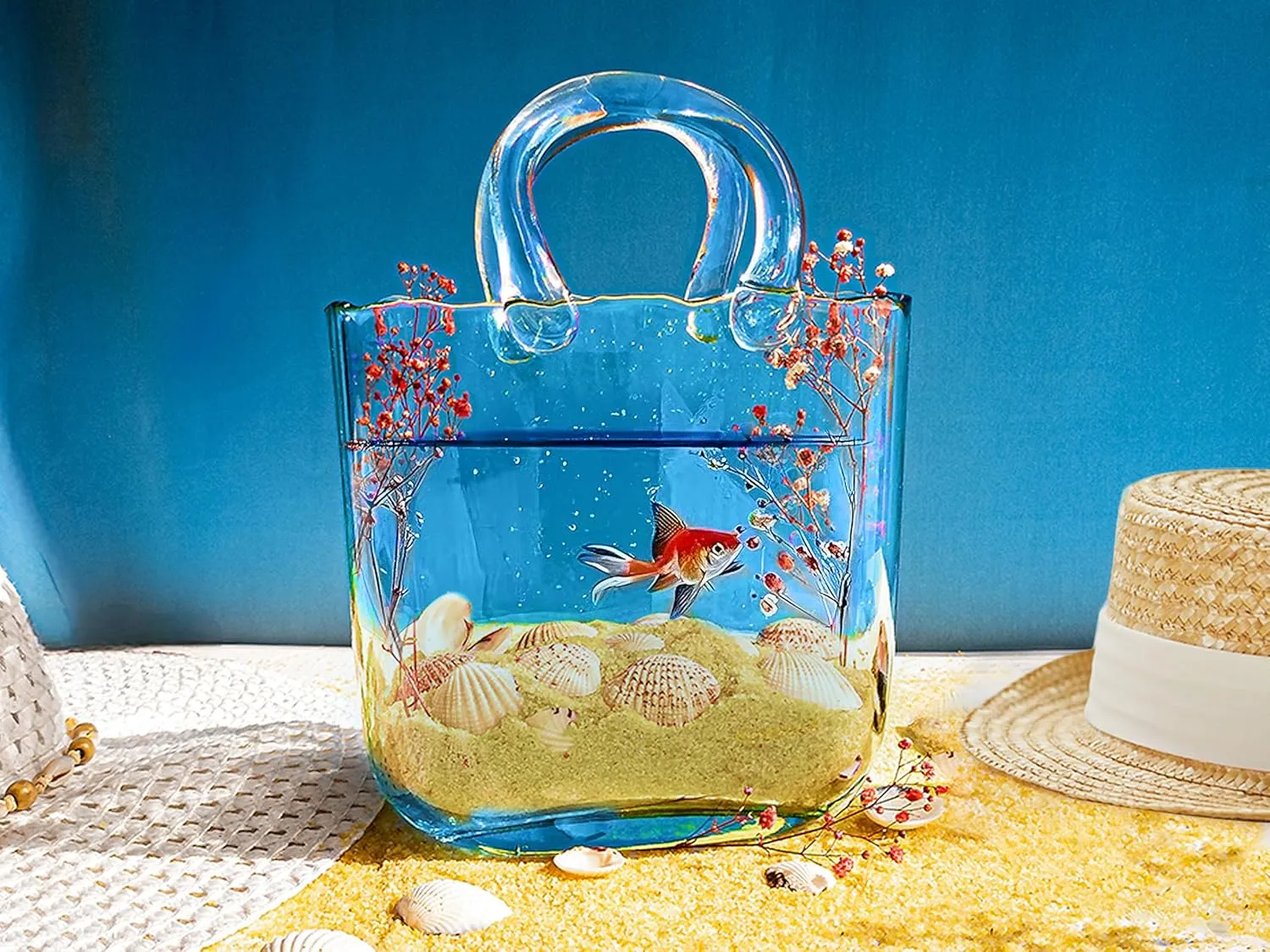 OLEEK Purse vases for Flowers (Handmade) Glass Bag vase -10 Inches- Blue vase for centerpieces & Fish Bowl - Handbag Unique Flower vase Decorative - Glass Handbag vase for Cute Room Decor