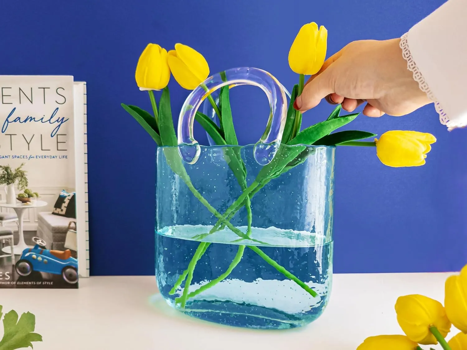 OLEEK Purse vases for Flowers (Handmade) Glass Bag vase -10 Inches- Blue vase for centerpieces & Fish Bowl - Handbag Unique Flower vase Decorative - Glass Handbag vase for Cute Room Decor