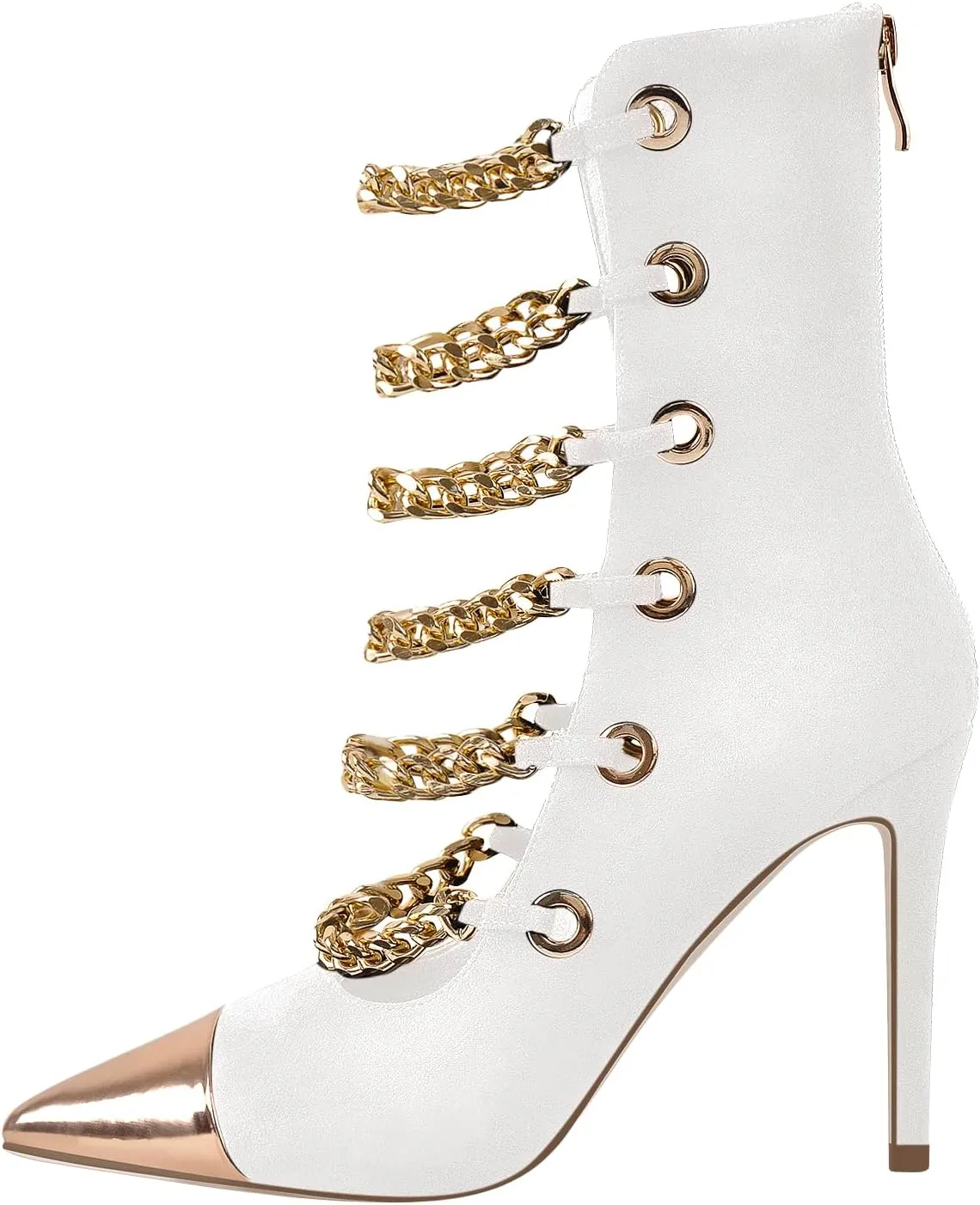 onlymaker Women's Pointed Toe Metal Chains Stiletto High Heel Zip up Boots